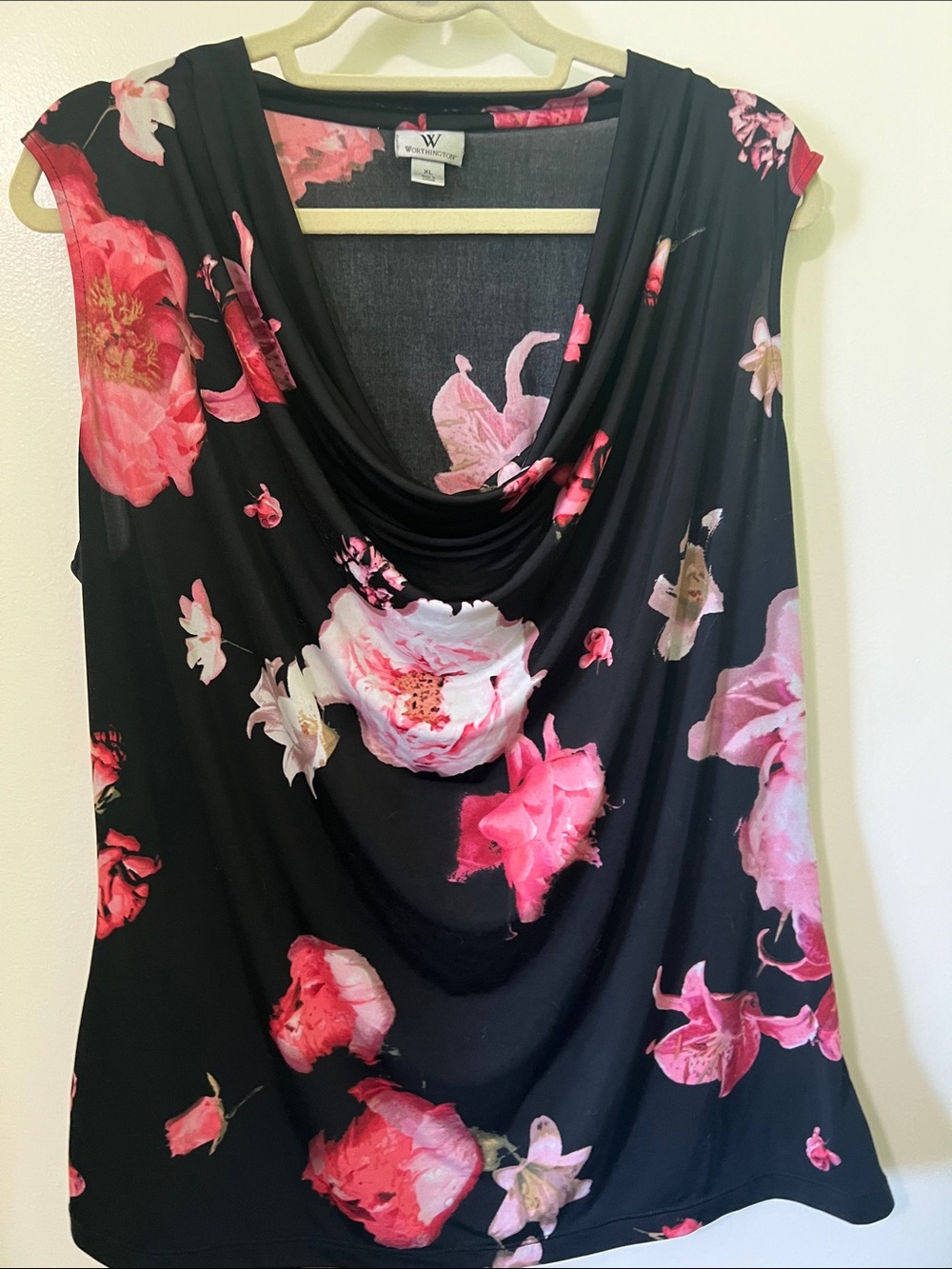 Worthington Black Floral Cowl Neck Sleeveless Blouse Size XL